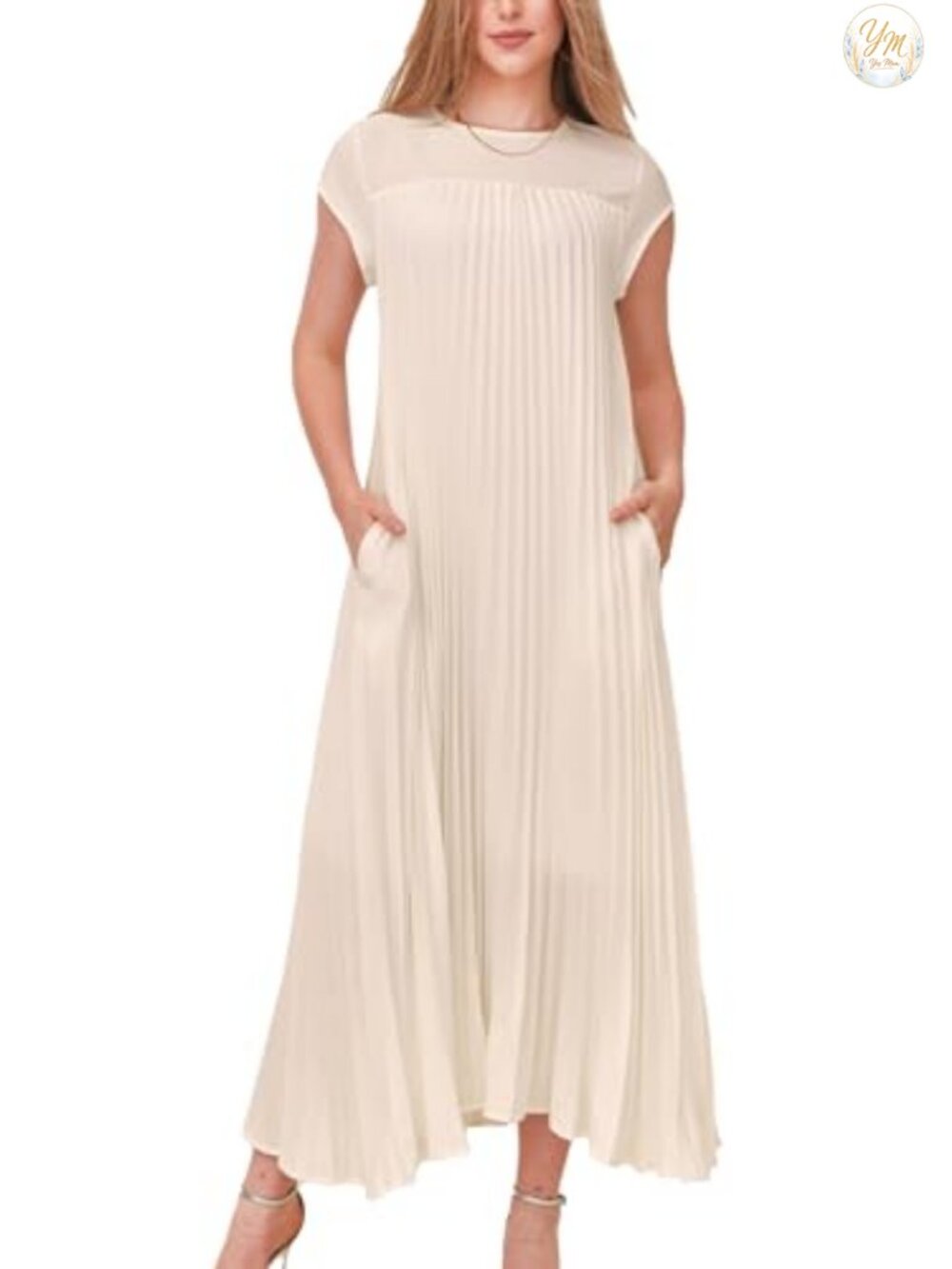 Women's Casual Pleated Maxi Dress Short Sleeve Crewneck Flowy Swing Long Dress